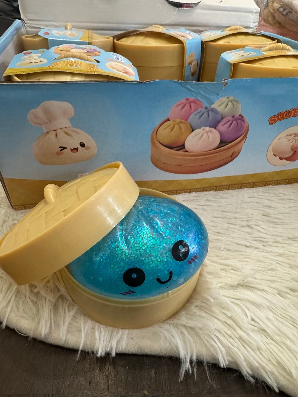 Mystery dumpling fidget glittery super soft kawaii face in a steamer container